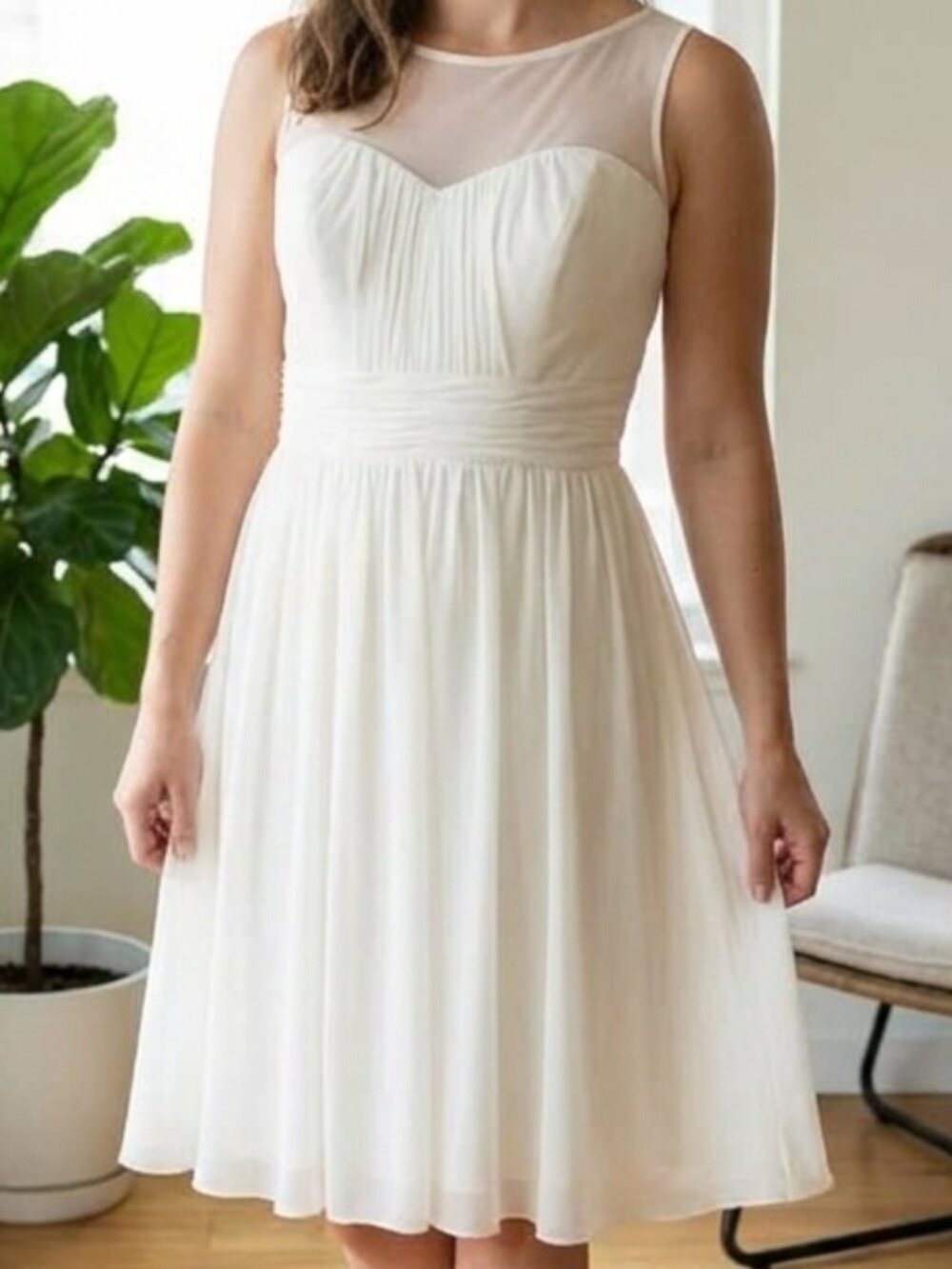 David's Bridal F15701 Ivory Illusion Sweetheart Chiffon Short Dress Size 8